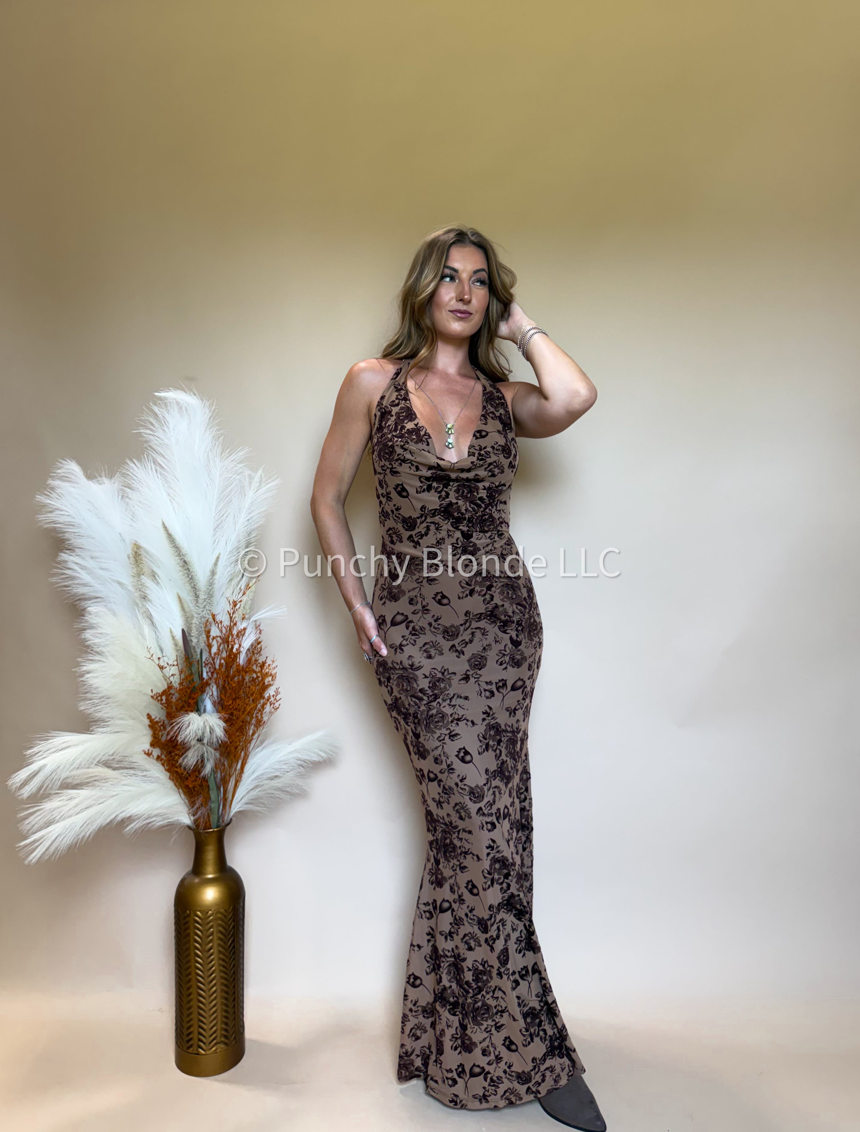 Amber Drift Floral Maxi Dress