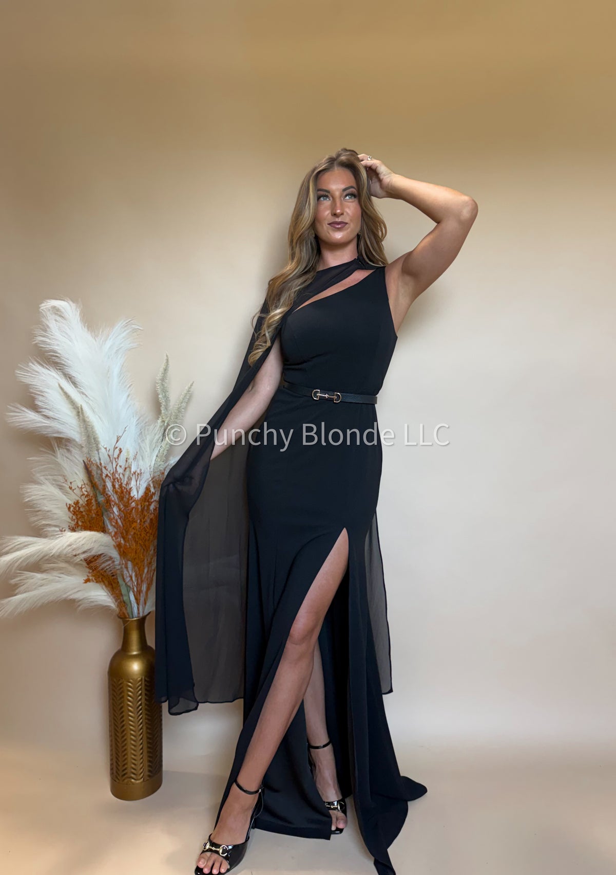 Blacktop One Shoulder Cape Maxi Dress