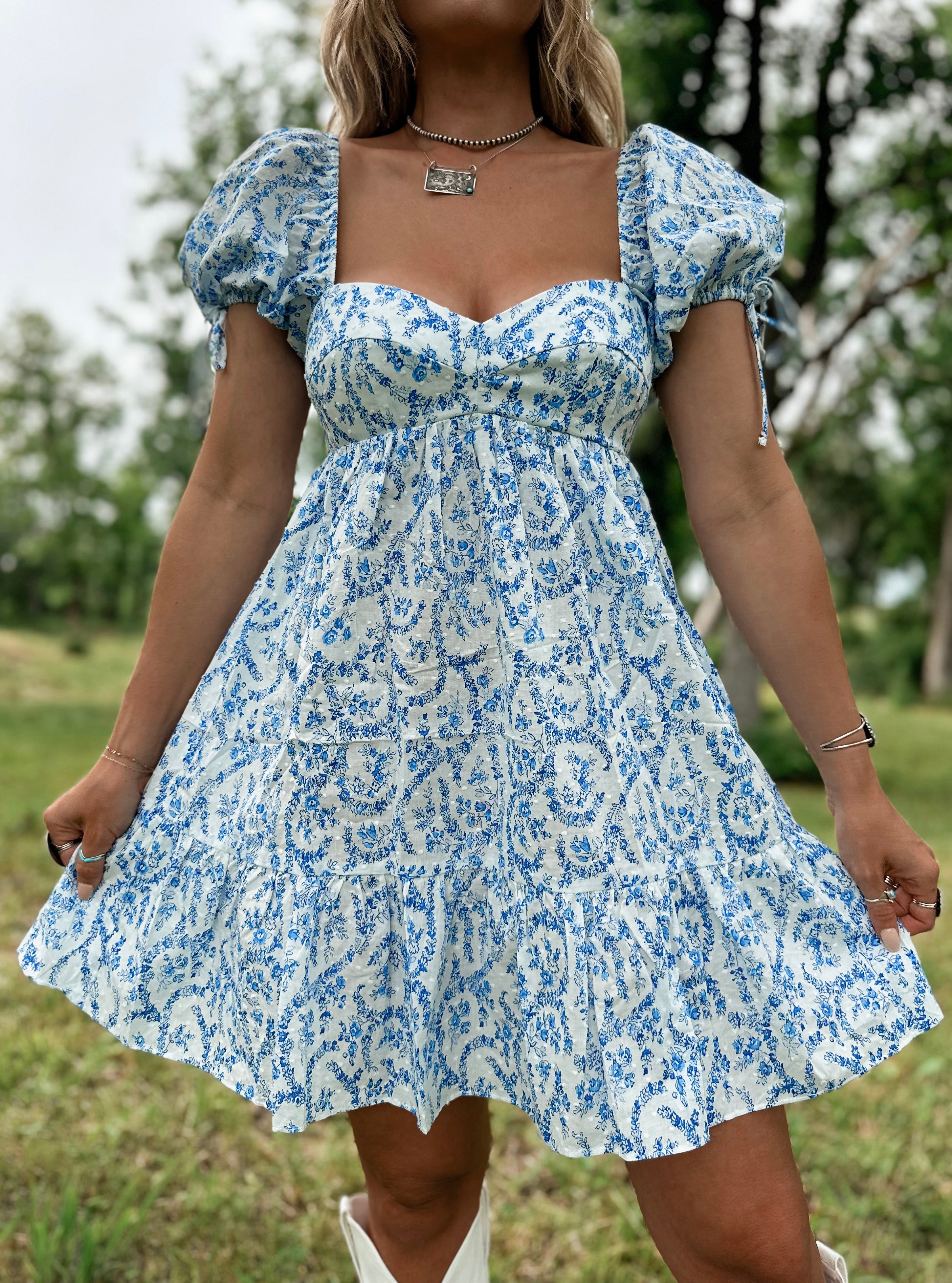 Blue Poplin Floral Dress