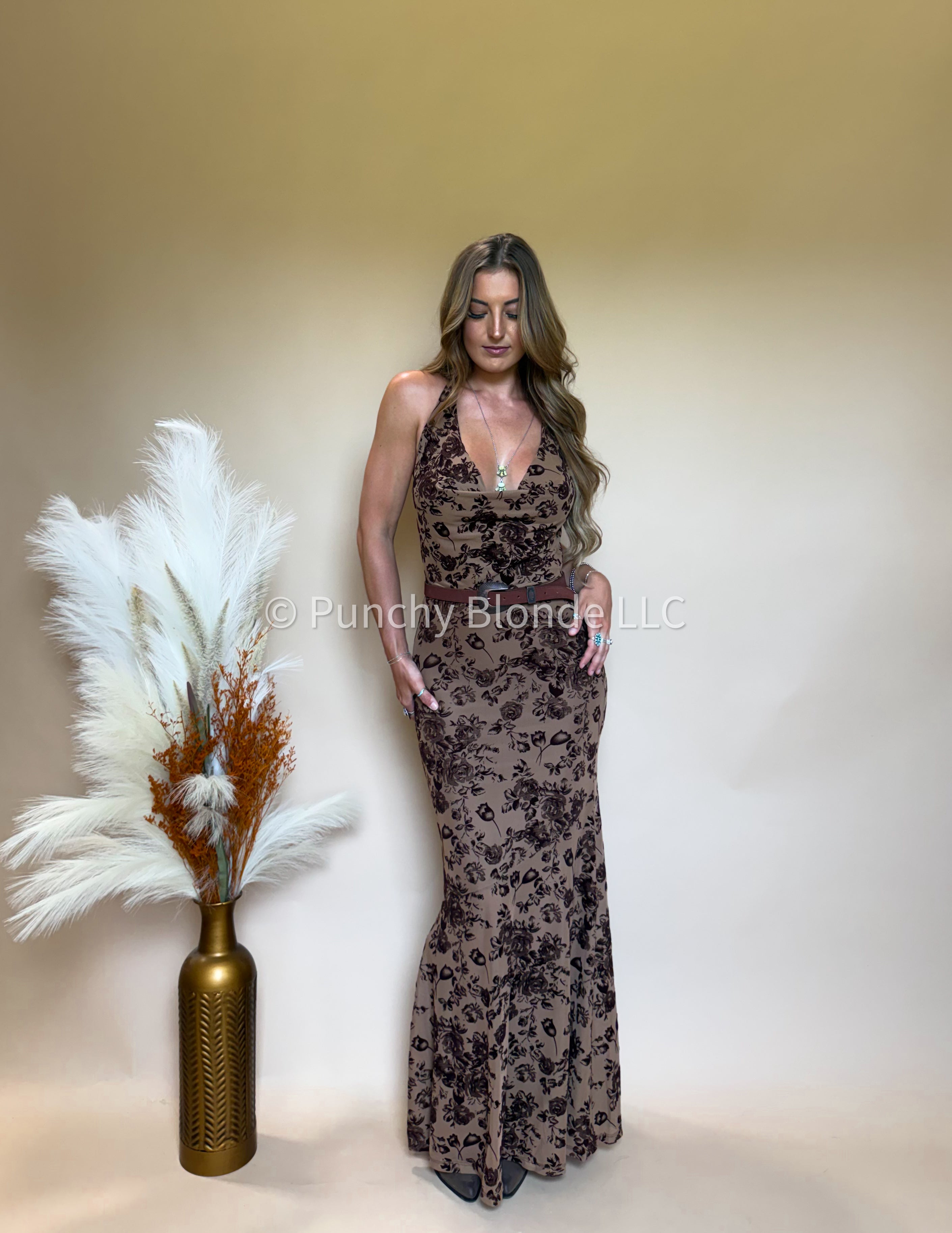 Amber Drift Floral Maxi Dress