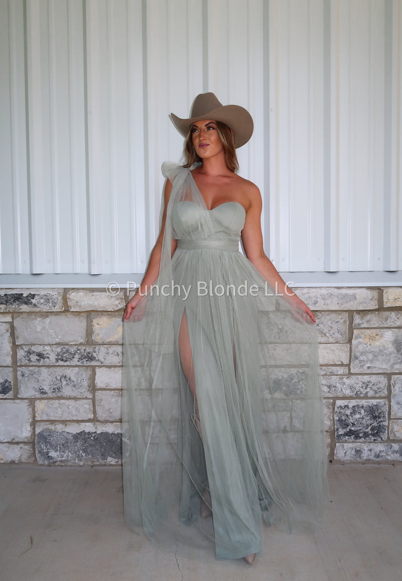 Simple Sage One Shoulder Dress