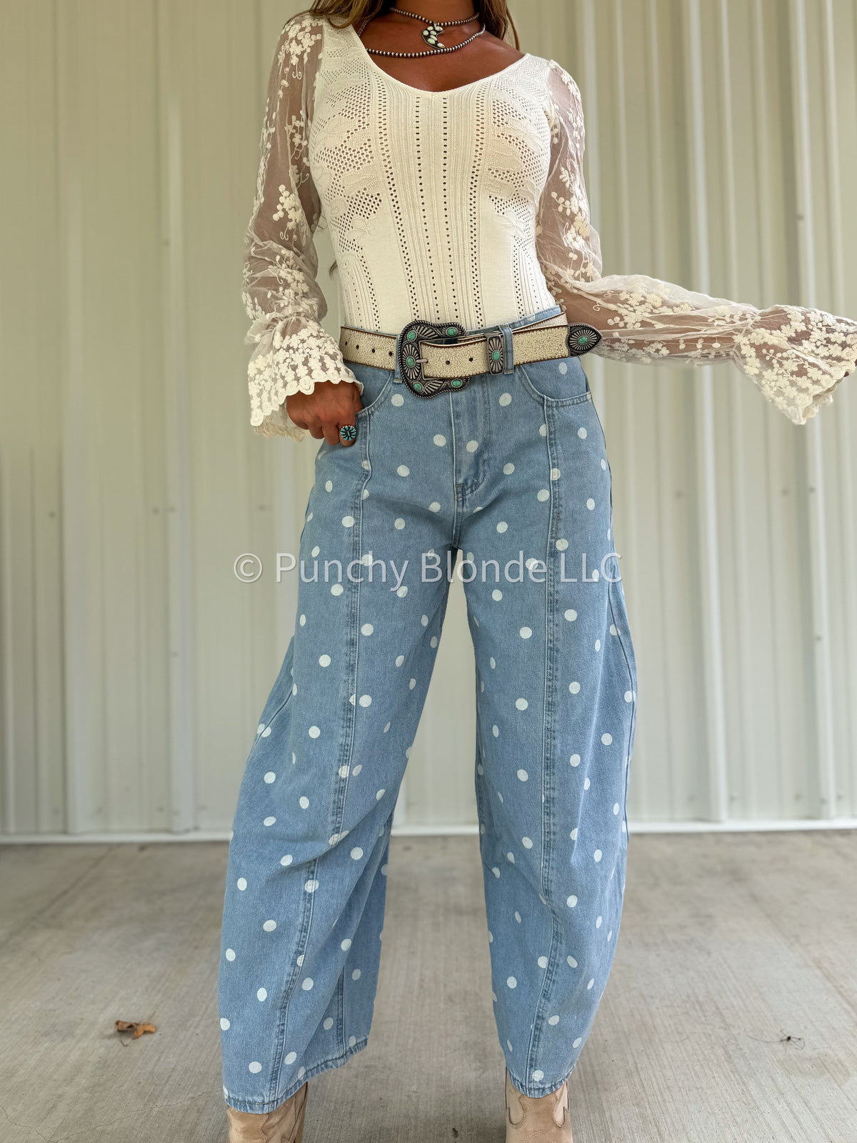Polka Dot Blue Barrel Jeans