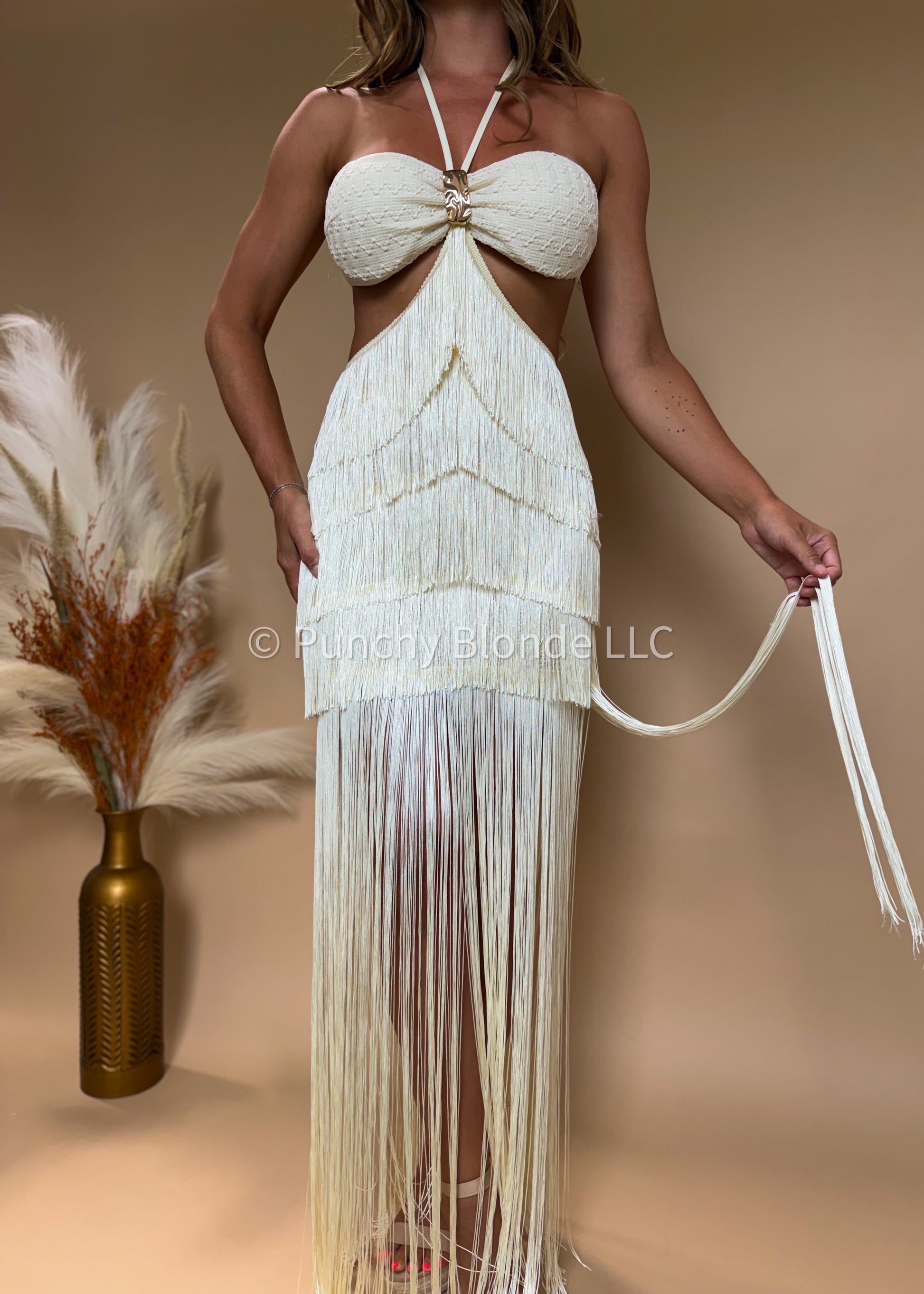 ladies fringed dresses Fontaine Ivory Jacquard Fringe i Dress - M Size - Women's Dresses