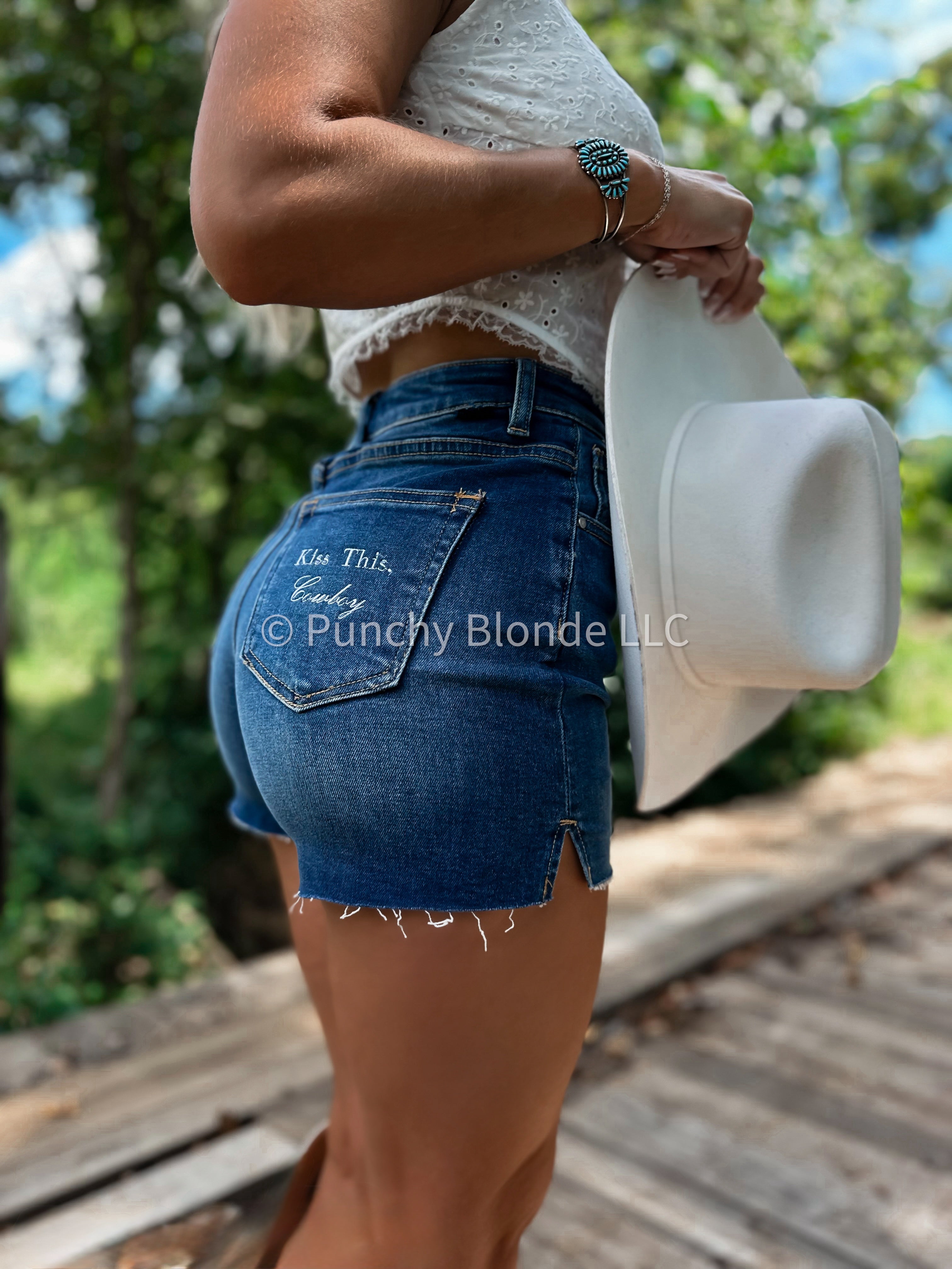Kiss This, Cowboy Dark Denim Shorts