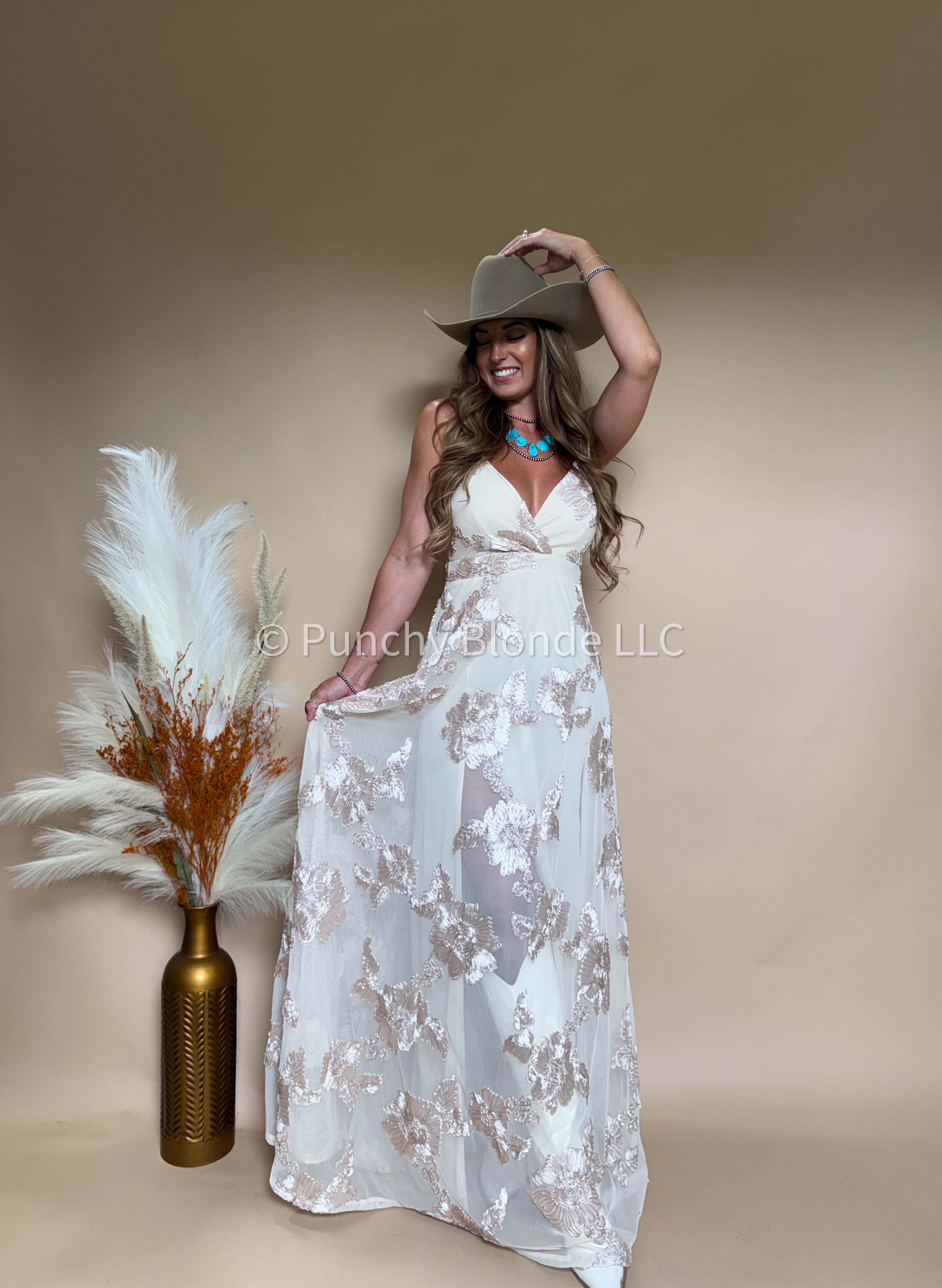 Champagne Glow Floral Maxi Dress