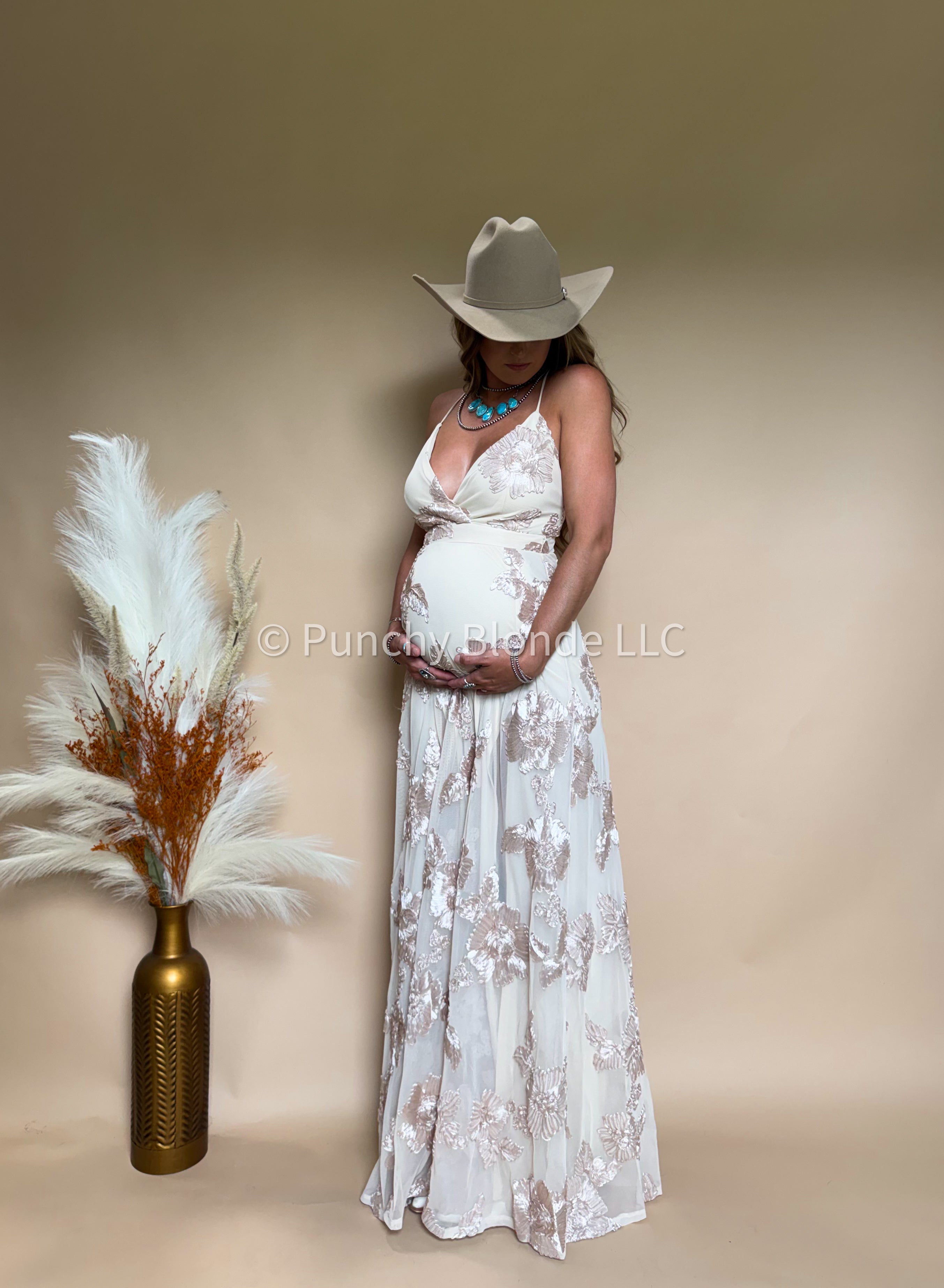 Champagne Glow Floral Maxi Dress
