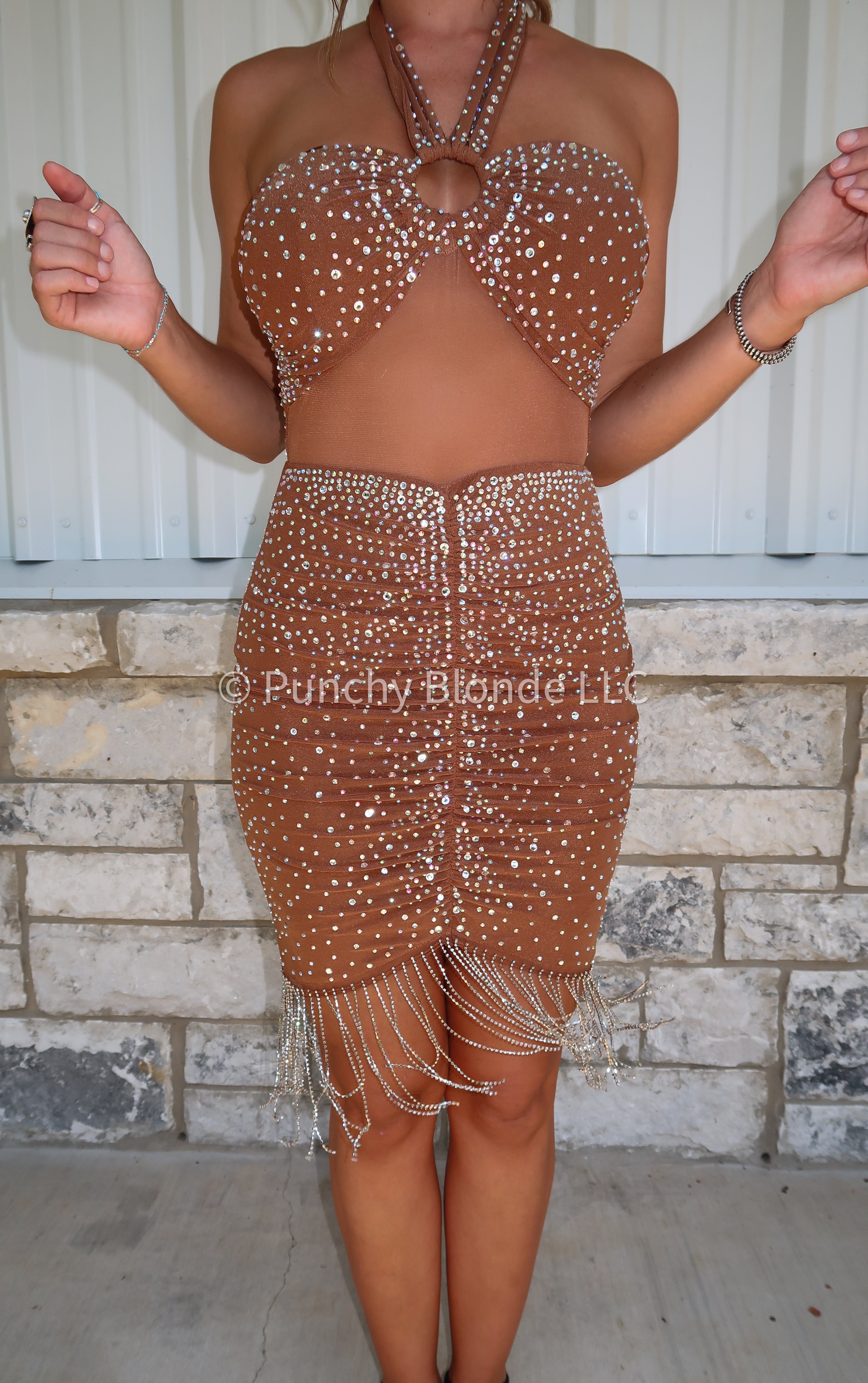 Rhinestone Charm Mocha Dress